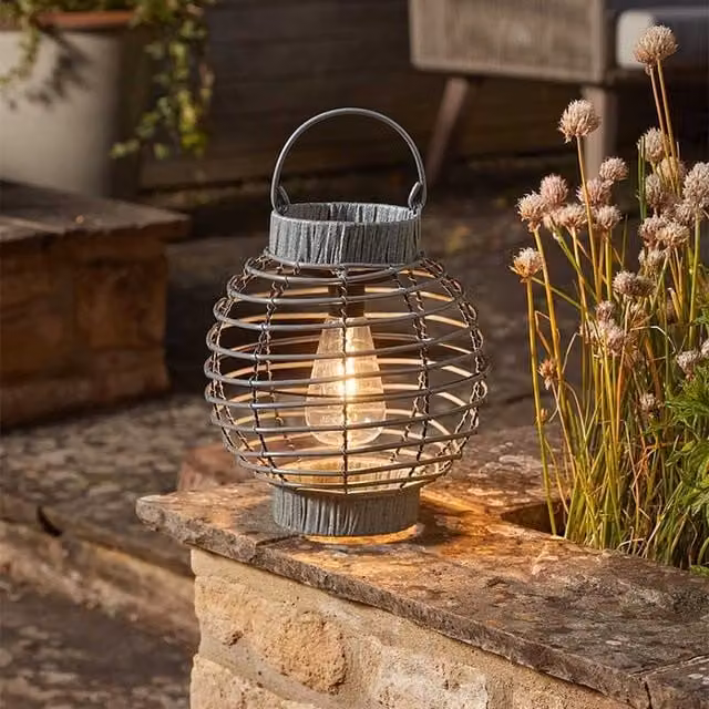 Smart Solar Terra Tabletop Lantern in Grey with Dusk Sensor and Rattan Detail
