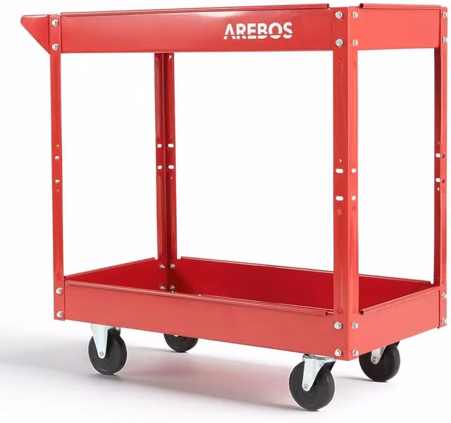 AREBOS Rollable Steel Workshop Tool Trolley with 2 Shelves, Red
