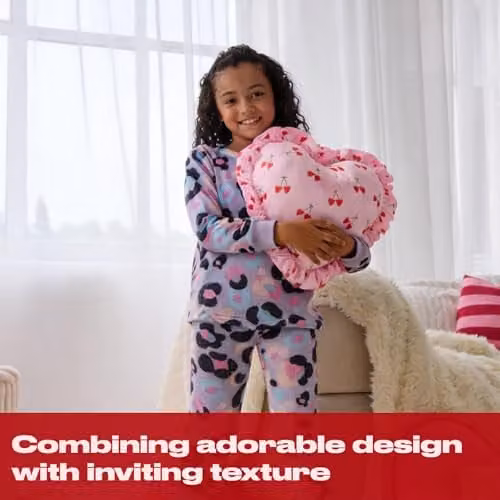 OHS Cherry Print Heart Shaped Cushion with Frill Edges, Pink and Green, 40 cm – 3
