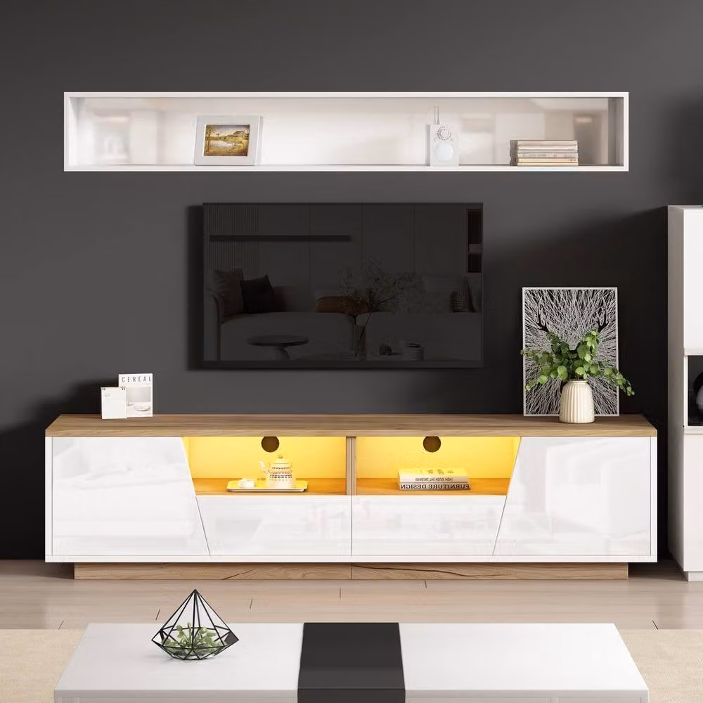 Rolipo Modern White Oak LED TV Stand with Integrated Lighting and Media Compartments, 180 cm – 5