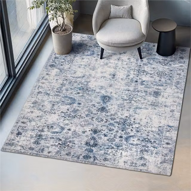 Tectake Amara Vintage Blue Rectangular Rug, Machine Washable and Non-Slip