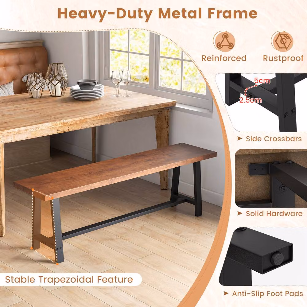 Costway Rustic Brown Wooden and Metal 3 Person Dining and Entryway Shoe Bench, W: 153 cm – 5
