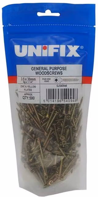 Unifix Gold Galvanised Self-Countersinking Pozidriv Woodscrews, 2500 Pack, 3.5 x 30 mm