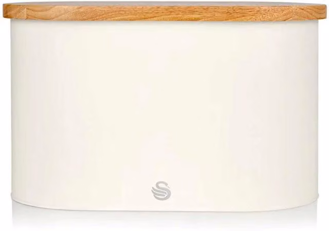 Swan Bread Bin in White with Bamboo Cutting Board Lid W/D/H: 34.5 x 16.5 x 18.5 cm