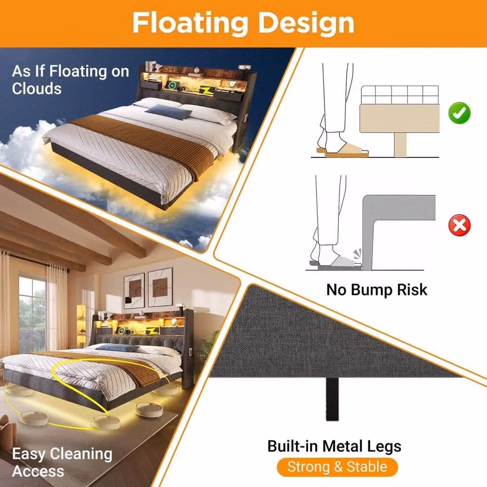 PAWNORA Super King LED Upholstered Bed Frame in Grey with USB Charging Ports and Under-bed Lighting – 3