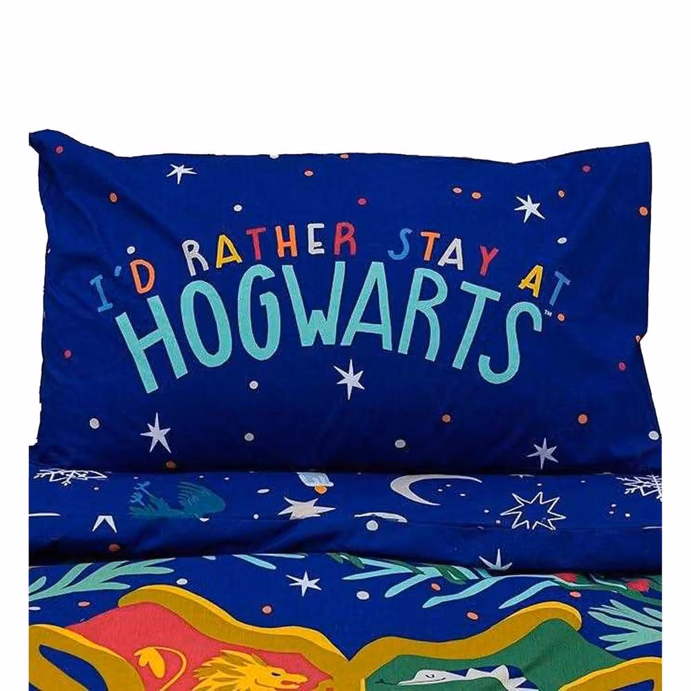 Harry Potter I'd Rather Stay At Hogwarts Reversible Duvet Set and Pillowcase, Blue and Multicolour, W: 90 cm, L: 200 cm – 2