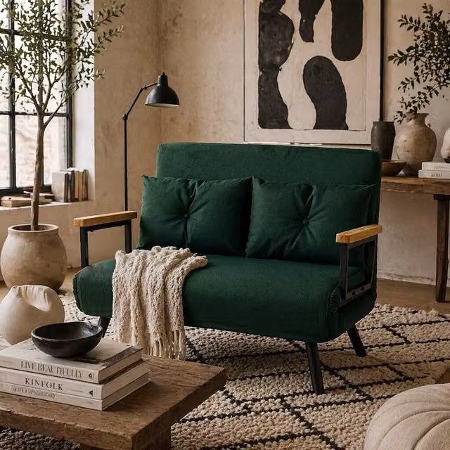 Wyld Haus Dorama Riri Green Velvet 4 in 1 Convertible Double Sofa Bed with Scatter Cushions, W/D/H: 200 x 140 x 81 cm
