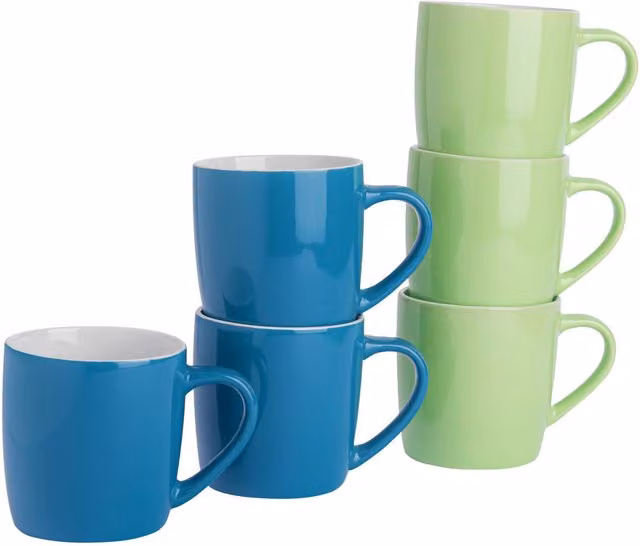 Argon Tableware Set of 6 Two-Tone Stoneware Coffee Mugs, Blue and Green, 350ml each