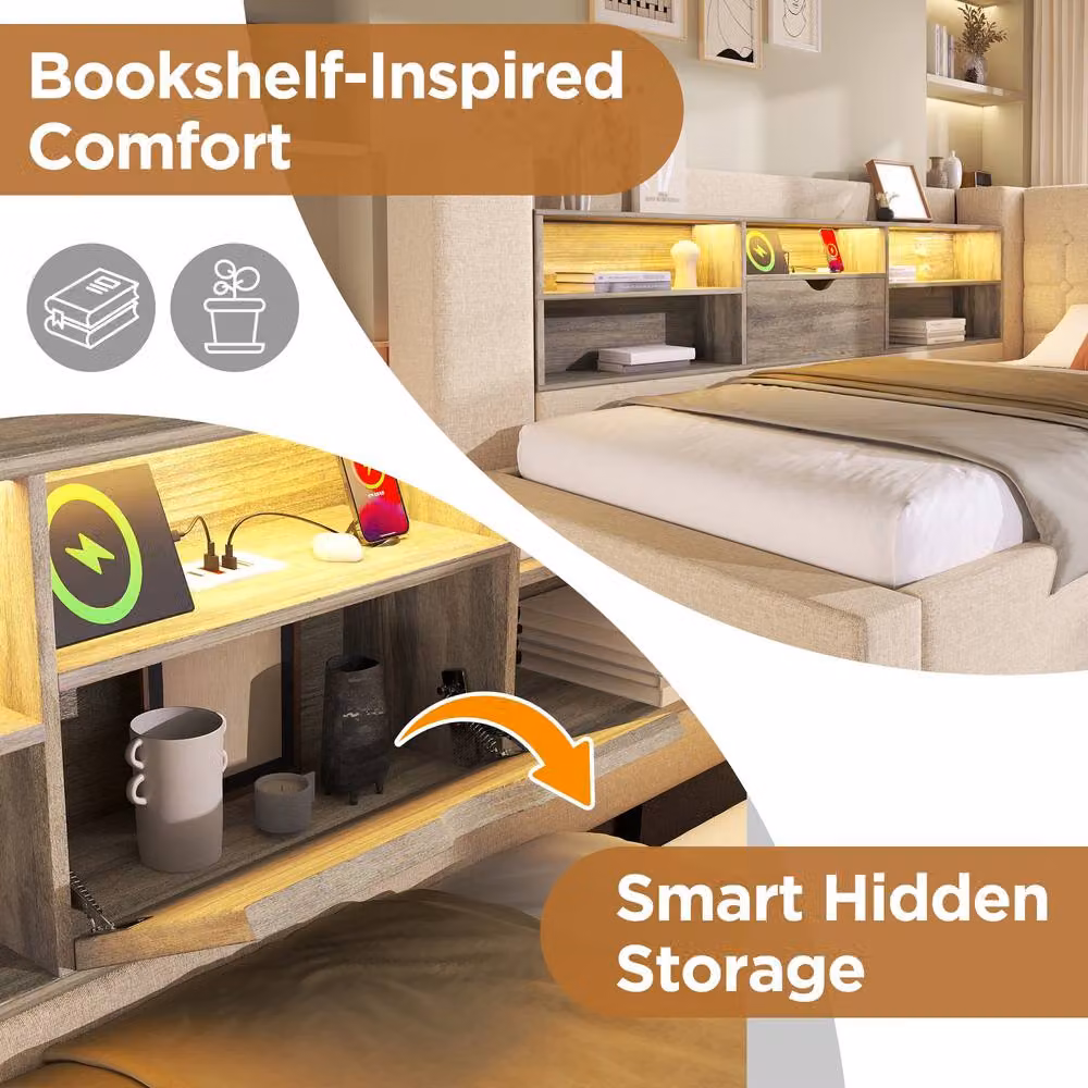 Rolipo Upholstered Single Daybed with Trundle and USB Charging Port in Beige, W/D/H: 190 x 90 x 91.44 cm – 4