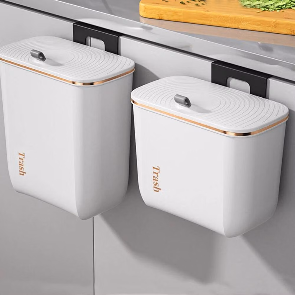 PAWNORA 9L Wall Mounted Hanging Kitchen Bin with Flip Lid in White and Gold – 2