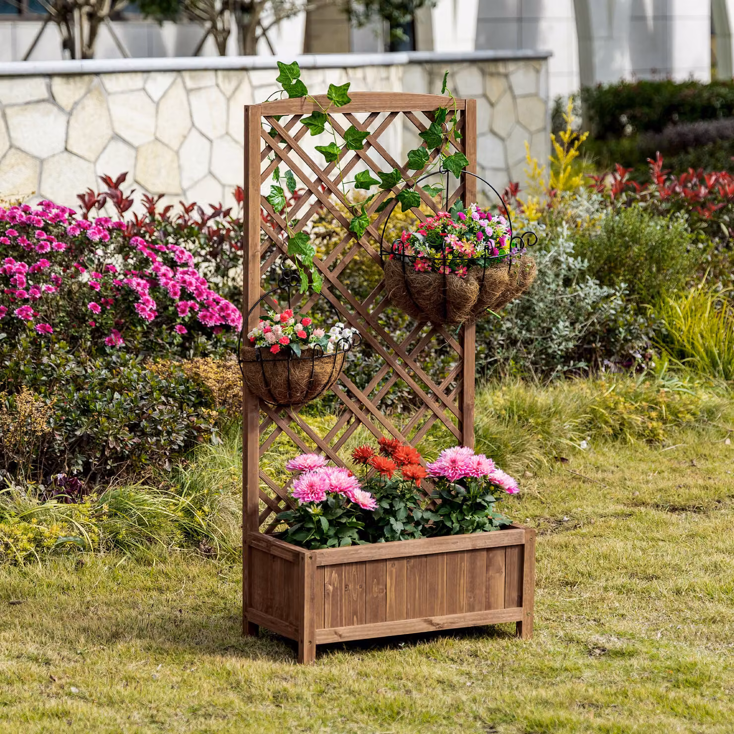 Outsunny Wooden Garden Planter with Lattice Trellis, Brown, W/D/H: 122.5 x 53.5 x 24 cm – 2