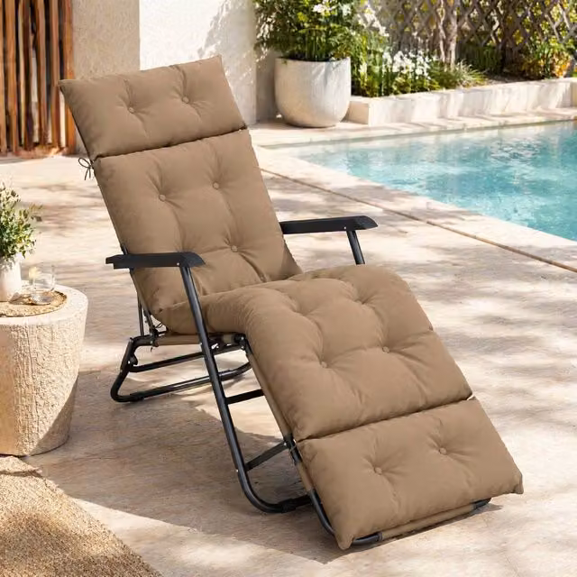 STILVORA Beige Water-Repellent Polyester Sun Lounger Cushion with Ties W: 190 cm, D: 56 cm