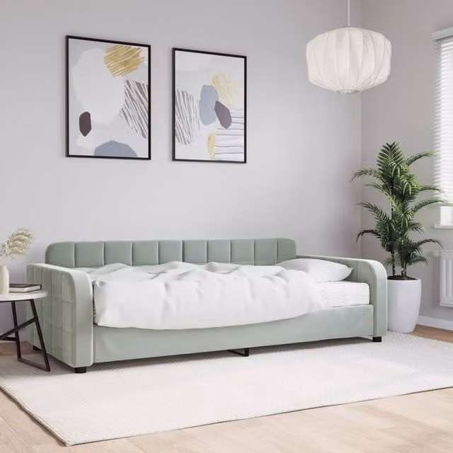 Berkfield Home Velvet Daybed with Mattress in Light Grey, W/D/H: 90 x 190 cm