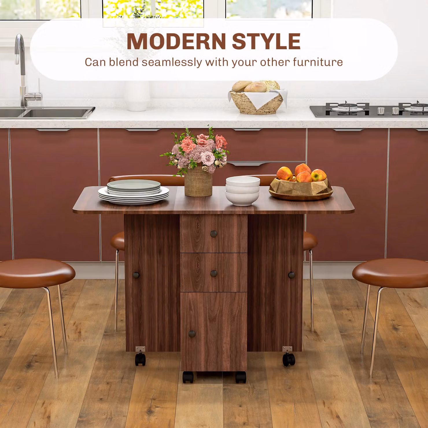 HOMCOM Brown Folding Drop Leaf Dining Table for 4-6 People with Castors – 4