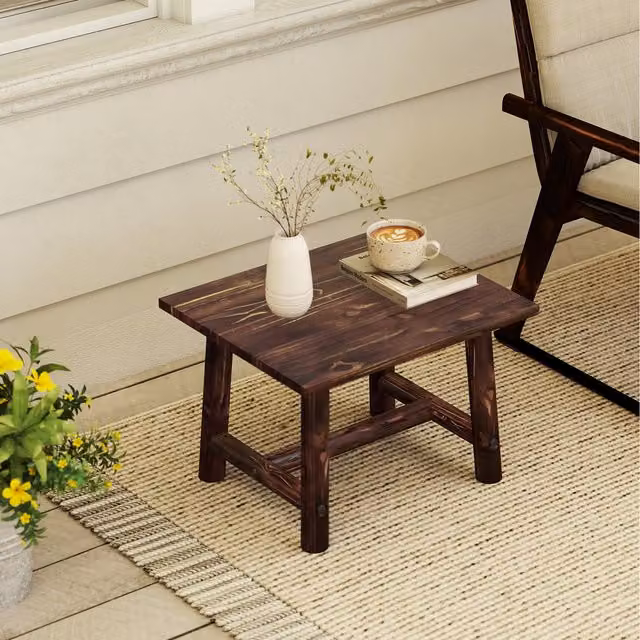 COSTWAY Square Rustic Pine Wood Side Table in Brown