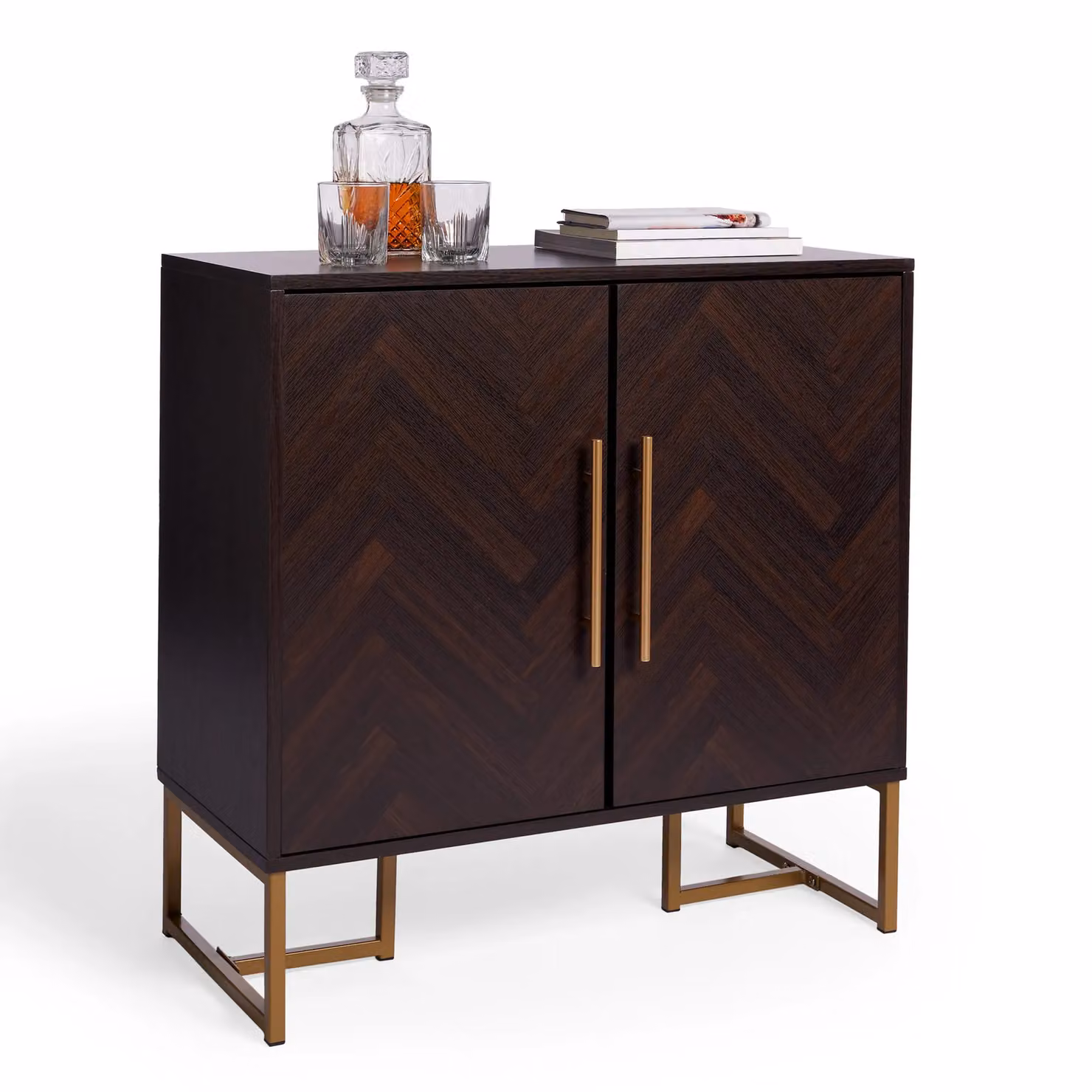 Spinningfield York Chevron Parquet Design 2 Door Sideboard Unit in Dark Brown with Gold Details W/D/H: 80 x 39 x 80 cm – 4