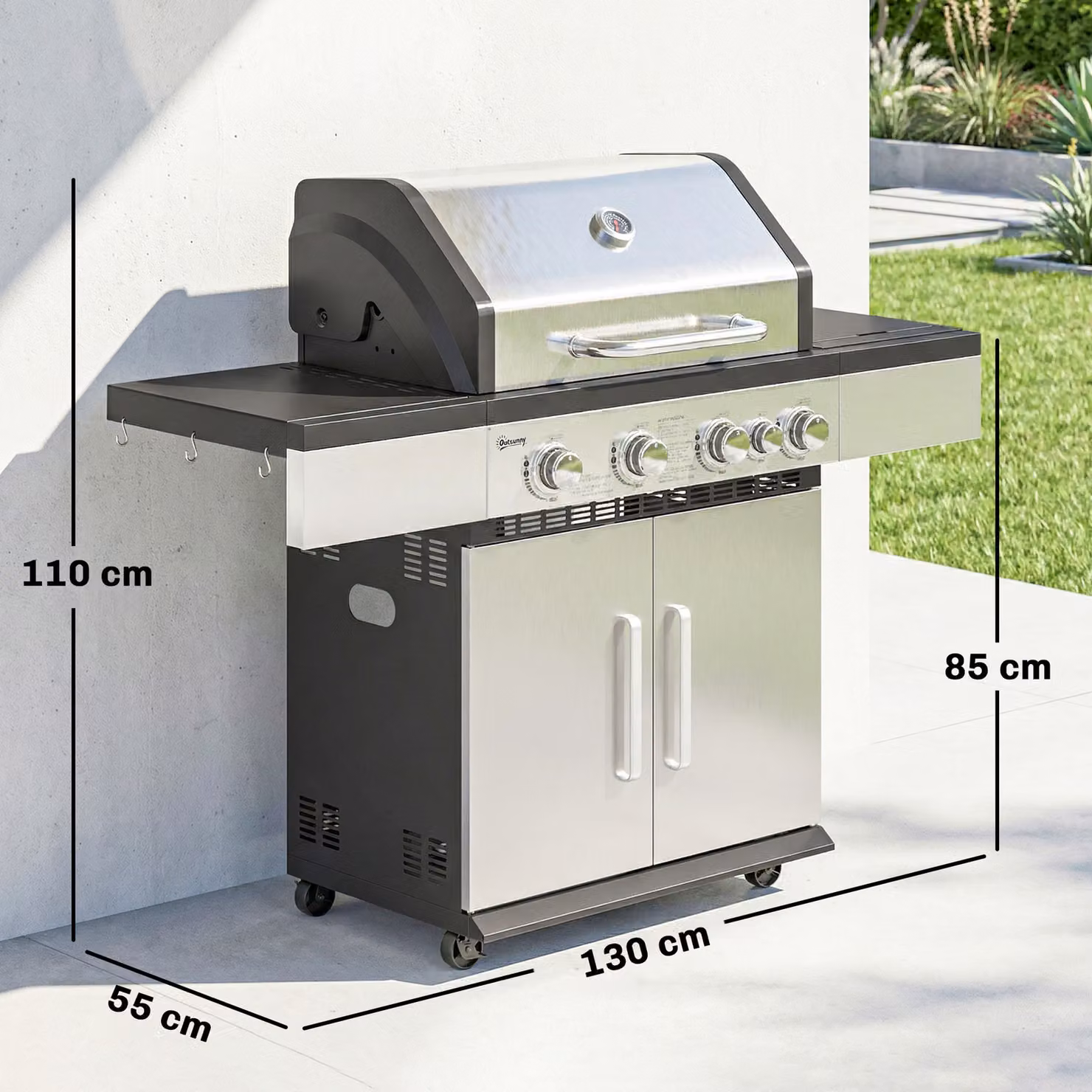 Outsunny 4+1 Burner Gas BBQ Grill with Side Burner, Warming Rack, Side Shelf, Storage Cabinet and Wheels – 3