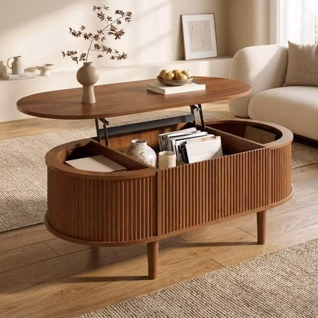 STILVORA Oval Coffee Table with Height-Adjustable Lift Mechanism and Storage in Brown – 1