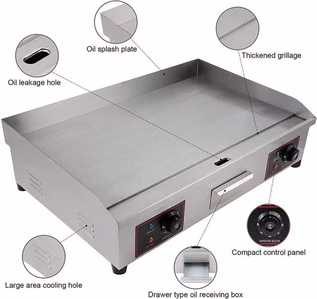 NESTLUNE Commercial Electric Countertop Griddle with Removable Stainless Steel Plates, Silver, Width: 100 cm