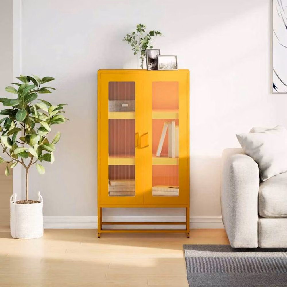 Berkfield Home Modern Mustard Yellow Steel Highboard with Glass Doors, W/D/H: 68 x 39 x 123 cm – 2