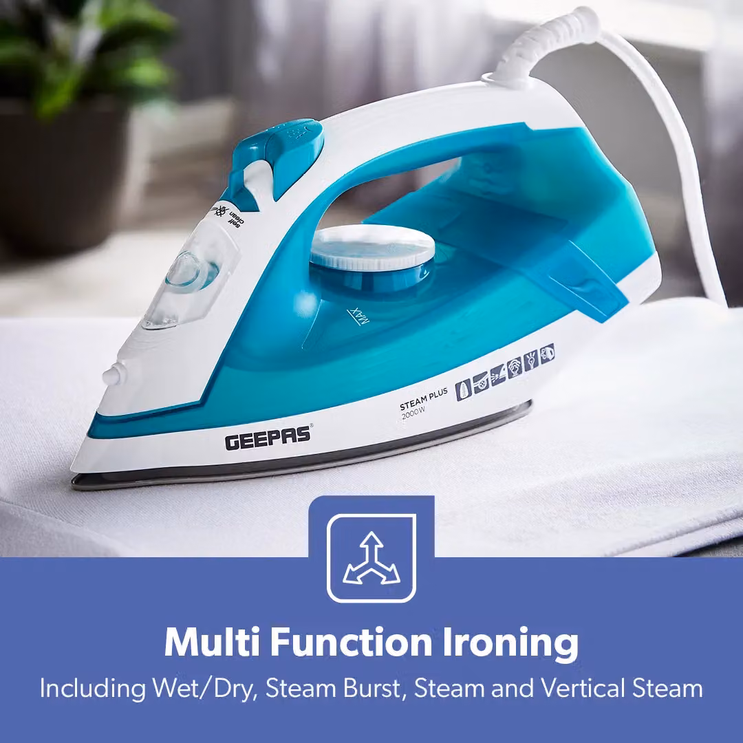 Geepas 2000W Steam Iron with Ceramic Non-Stick Soleplate and Vertical Steam Function, Blue – 3