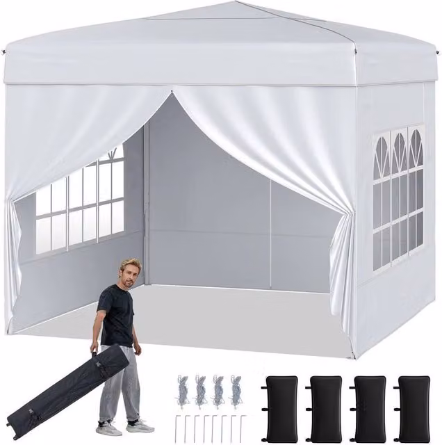 EONLION Commercial Pop Up Canopy Tent with 4 Sidewalls, White and Silver, W/D: 290 x 290 cm – 1