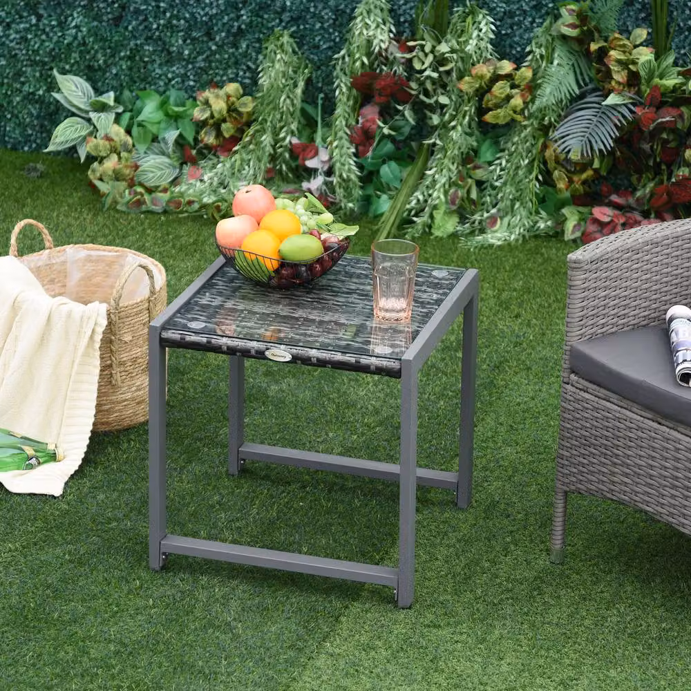 ERGOVEXA Grey Polyrattan Outdoor Side Table with Glass Top – 3