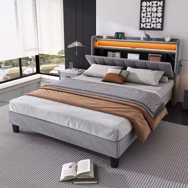 Aosom.UK Double Velvet Upholstered Ottoman Bed with LED Lighting, 4 USB Ports and Under-Bed Storage, Grey, W: 140 cm, D: 204 cm, H: 107 cm
