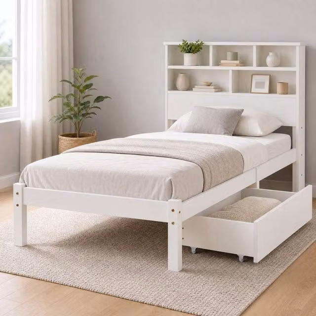 STILVORA White Wooden Single Bed Frame with Storage Drawers, W/D/H: 90 x 190 cm