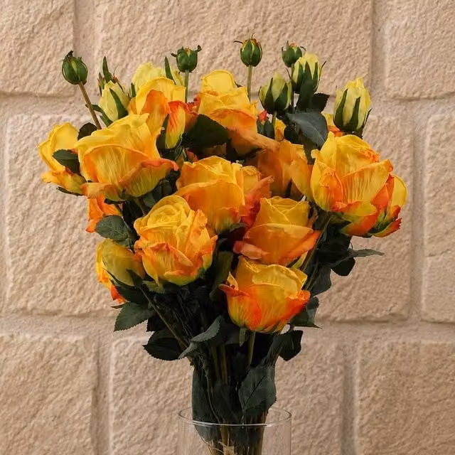 Leaf Yellow Rose Artificial Flower Sprays with 24 Flowers and 18 Buds, H 60 cm x W 6 cm – 1