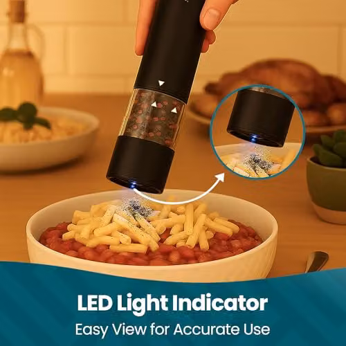 Innoteck Electric Salt and Pepper Mill Set with Ceramic Grinder and Integrated Light, Battery-Operated, Black – 2