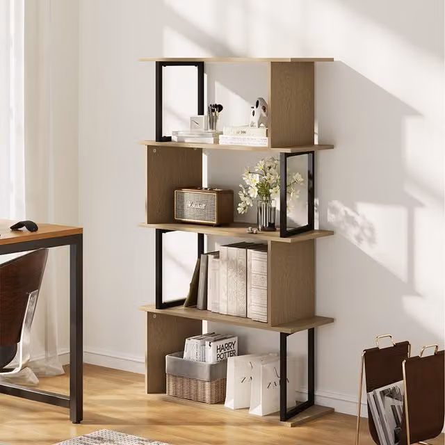Livingandhome Four-Tier Geometric Industrial Wooden and Metal Bookshelf in Brown