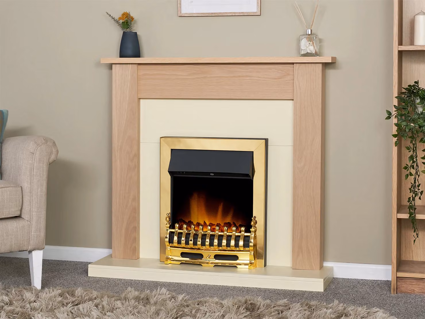 Adam Fires & Fireplaces Southwold Fireplace in Oak and Cream with Blenheim Electric Fire in Brass and Metallic Gold – 2
