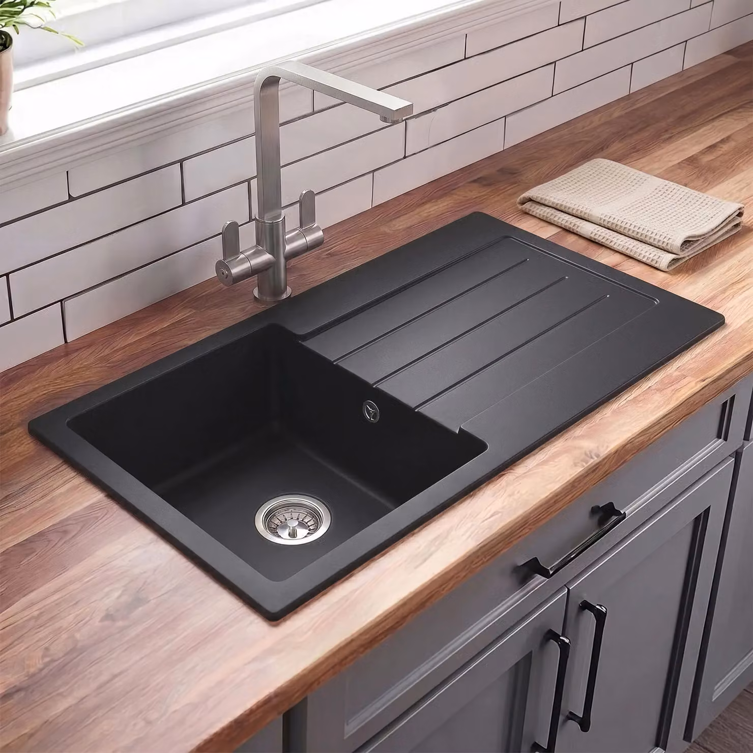 Balterley Reversible Single Bowl Composite Kitchen Sink with Drainer and Overflow, Matt Black, Width: 100 cm – 6