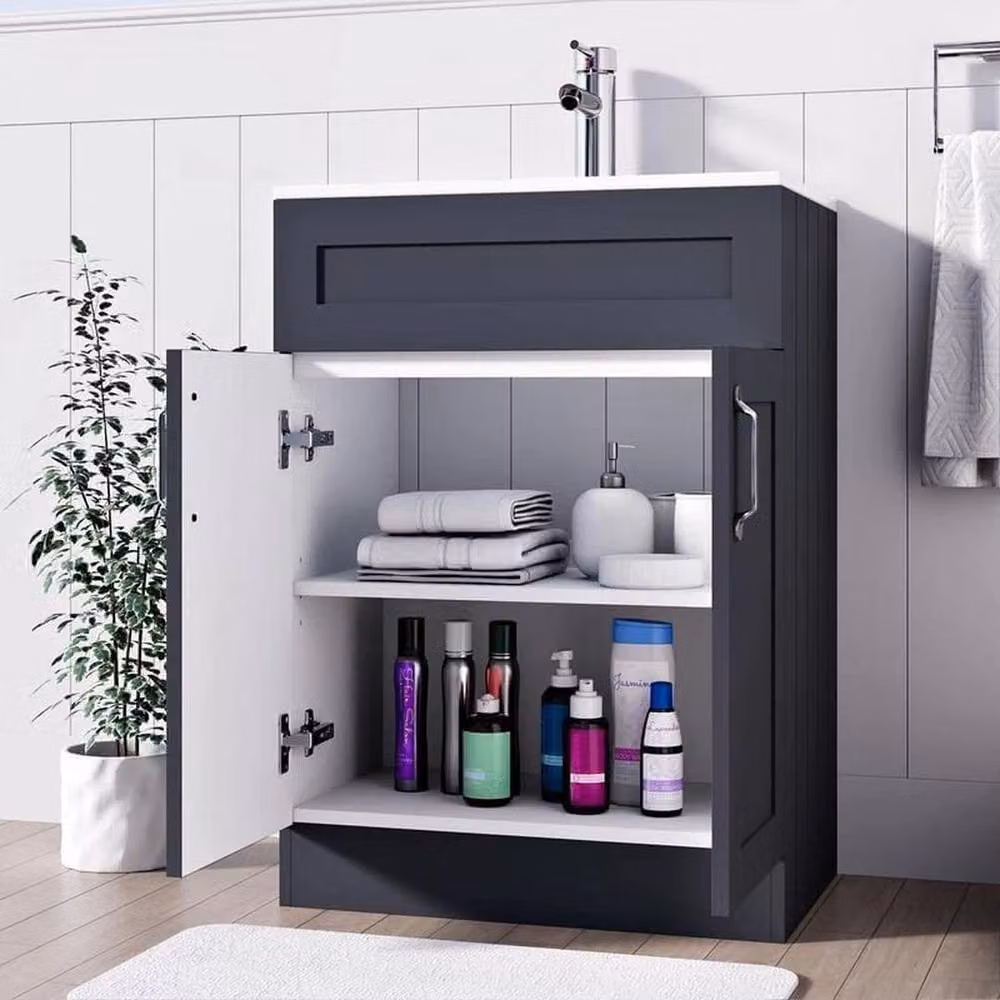 FORGEVIO Grey Modern Freestanding Bathroom Vanity Unit with Hinged Doors and Internal Shelves – 3