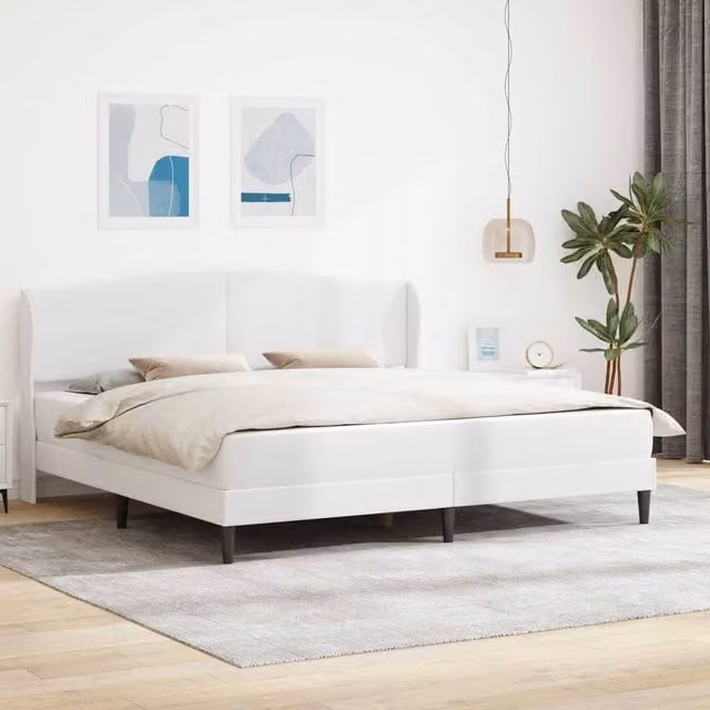 Berkfield Home Modern Upholstered Bed Frame with Headboard in White Faux Leather, W/D/H: 180 x 200 cm