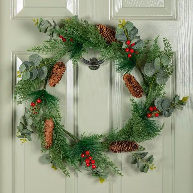 Samuel Alexander Round Hanging Christmas Eucalyptus Wreath with Red Berries and Pinecones, Diameter: 50 cm