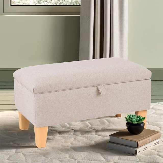 Livingandhome Beige Linen Fabric Upholstered Storage Ottoman Pouffe Footstool, Diameter: 71 cm