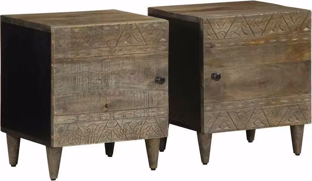 Berkfield Home Set of 2 Light Grey Mango Wood Bedside Cabinets, W/D/H: 40 x 33 x 46 cm