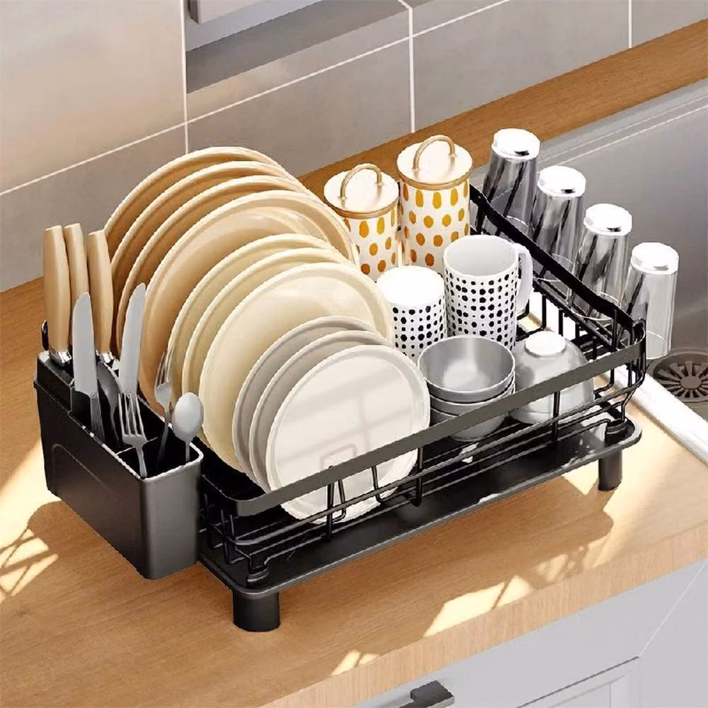 FORGEVIO Black Steel Dish Drainer Rack with Cutlery Holder, Cup Holder and Drip Tray – 3