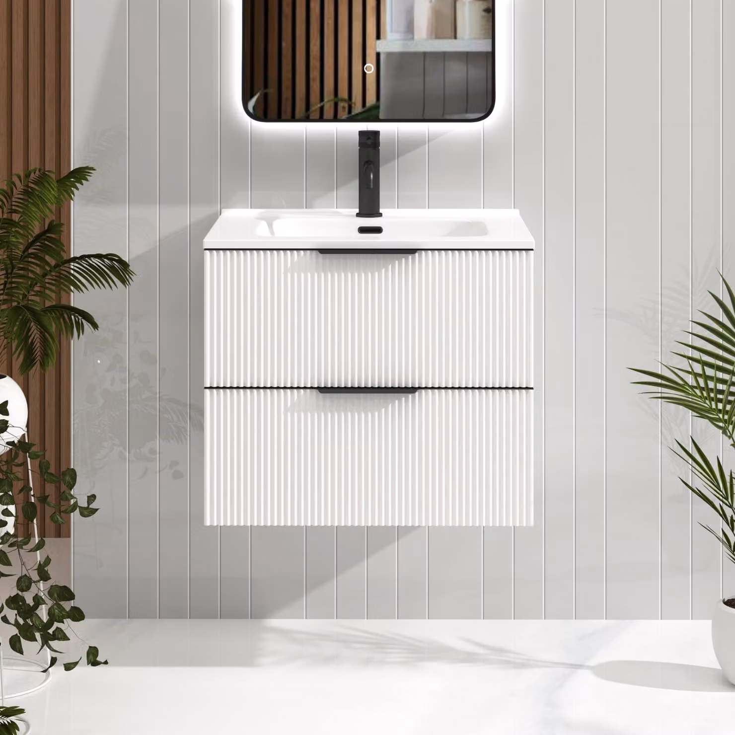 Royal Bathrooms Evora 700mm Matt White Fluted Wall Hung Vanity Unit with 2 Drawers, Ceramic Basin and Matt Black Handles