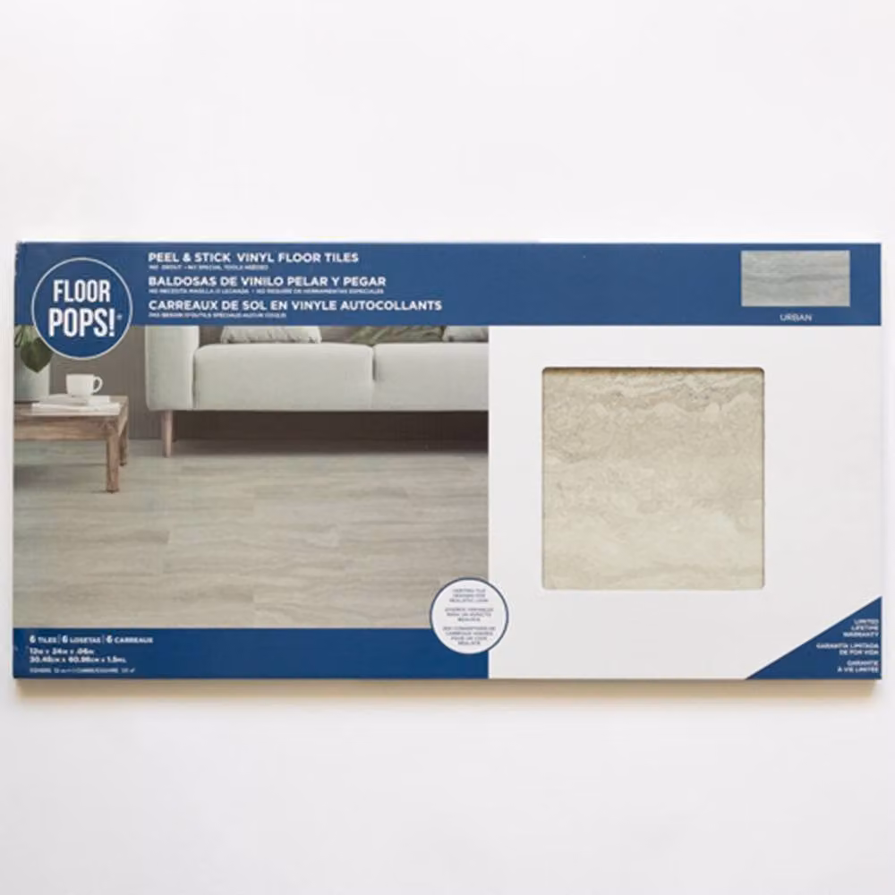FloorPops Urban Self Adhesive Vinyl Floor Tiles, Pack of 6, Light Grey, W: 30.5 cm x D: 60.96 cm – 2