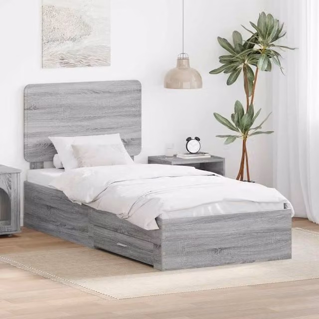 Berkfield Home Grey Sonoma Bed Frame with Drawer in Engineered Wood, W/D/H: 90 x 190 cm