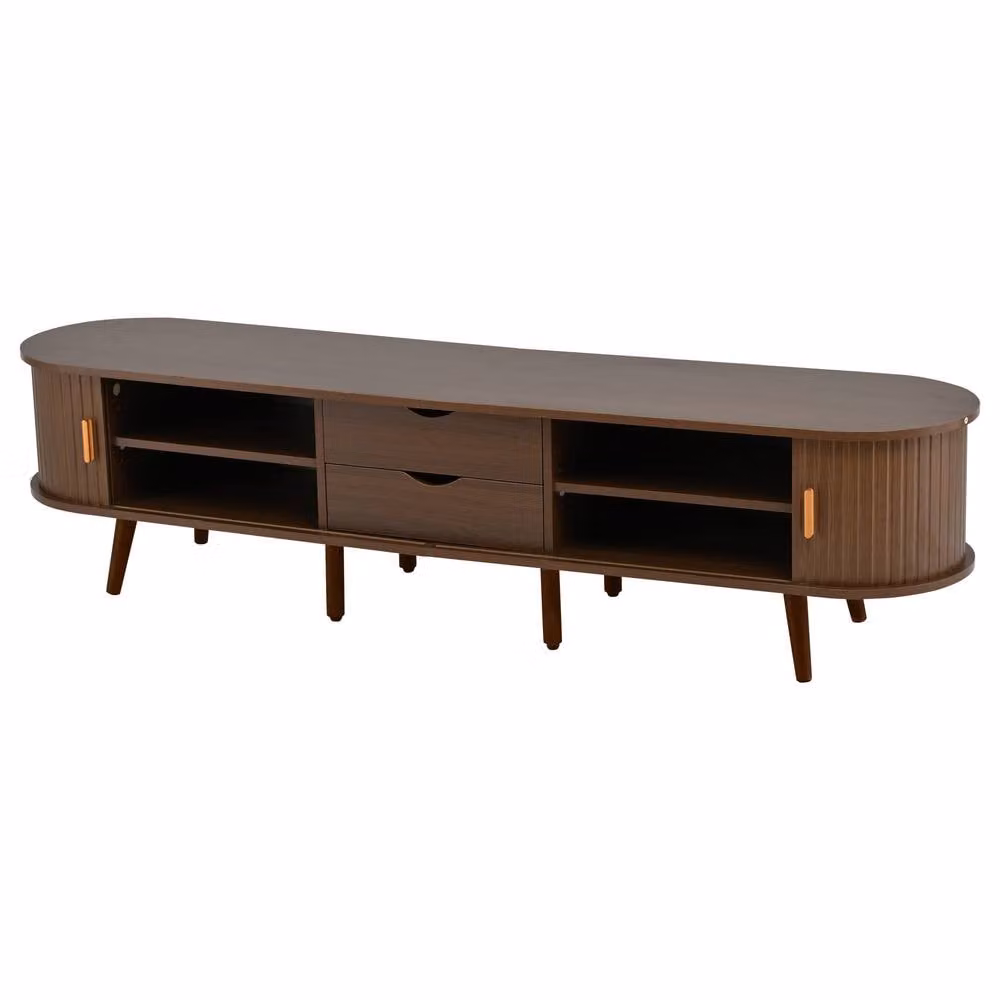 Matteo Oval TV Stand with 2 Drawers and Sliding Doors in Dark Oak and Walnut MDF – 2