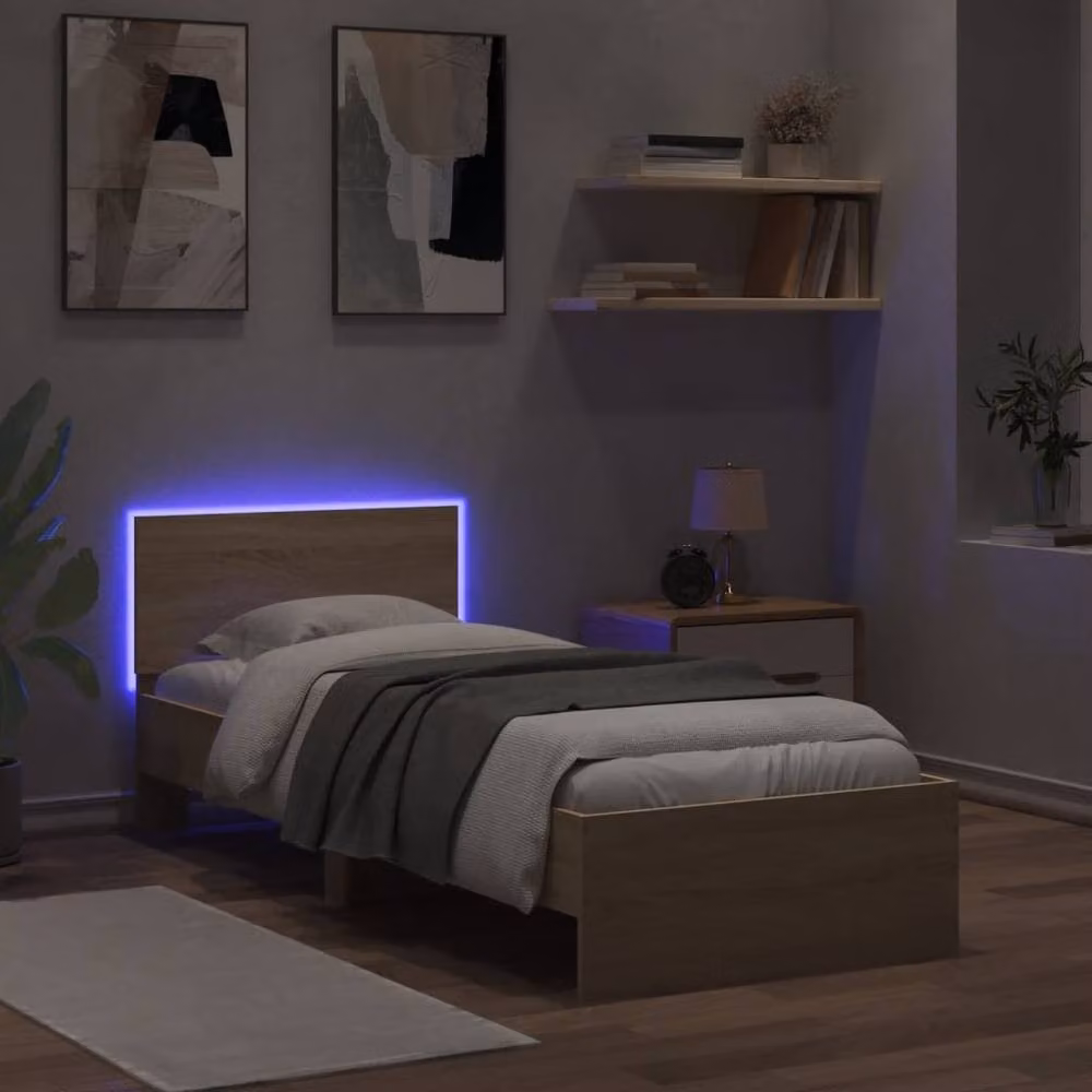 Berkfield Home Single Bed Frame in Sonoma Oak with LED Lights and USB Charging Port, Brown, W/D/H: 90 x 190 cm – 2