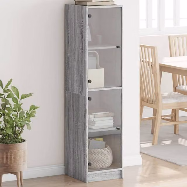 Berkfield Home Highboard with Glass Doors in Grey Sonoma, W/D/H: 35 x 37 x 142 cm