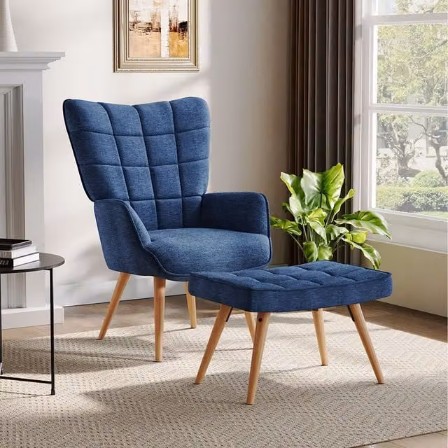Komore Mid-Century Blue Fabric Armchair with Ottoman
