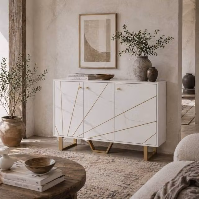 Wyld Haus Vekeba Coso Sideboard with 3 Doors, White Marble Tone and Gold Legs, W: 107 cm