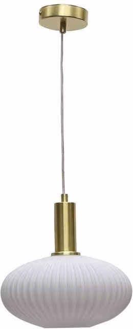 First Choice Lighting Baton Art Deco Pendant Fitting with White Ribbed Oval Glass and Satin Brass Finish