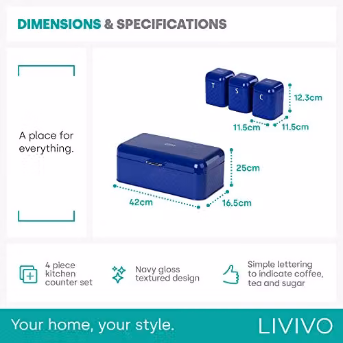 LIVIVO Taurus 4-Piece Kitchen Storage Set with Airtight Bread Bin and Canisters in Navy Blue and Grey – 7